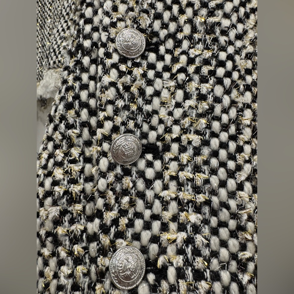 NWT L’AGENCE Angelina Fringe Trim Metallic Jacket, Sz 6, Black/Wht/Gold Shimmer - Picture 5 of 11